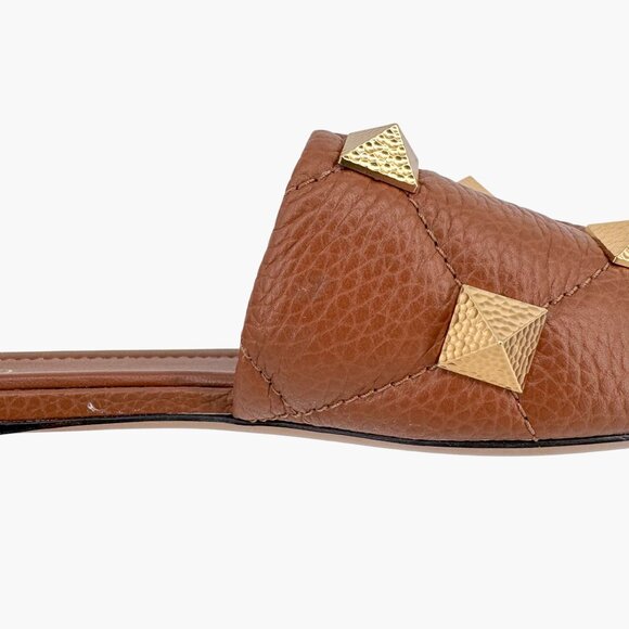 Valentino Roman Stud Brown Rockstud Slide Sandals Flats Size 37.5 US 7.5 Women's - Picture 13 of 15